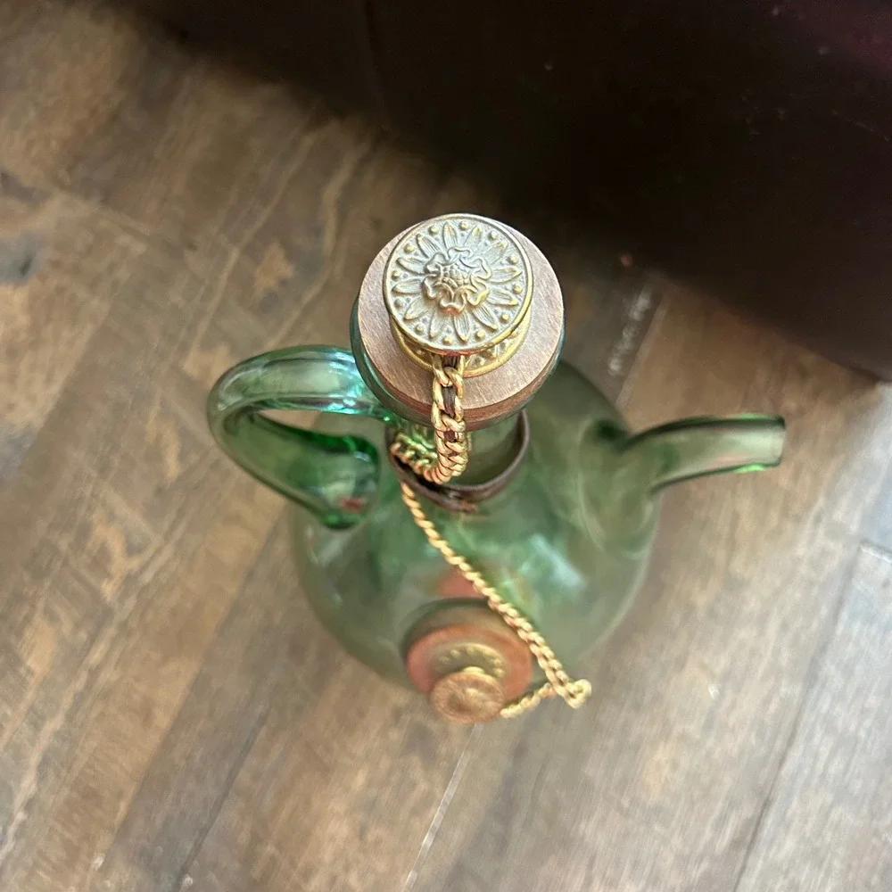 Vintage Green Hand Blown Glass Wine Decanter w/ Ice Chamber Leather Chain Italy